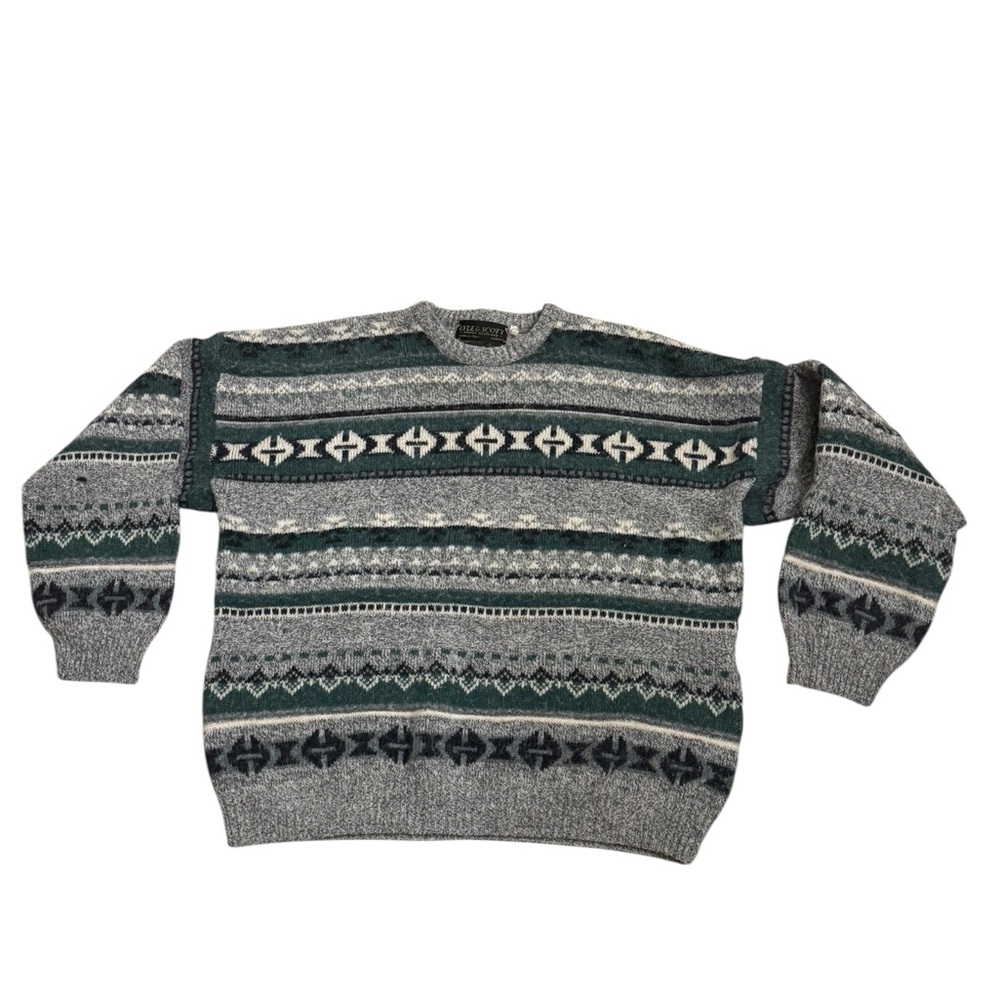 Retro Lyle & Scott Gray and Green Wool Crewneck Sweater
